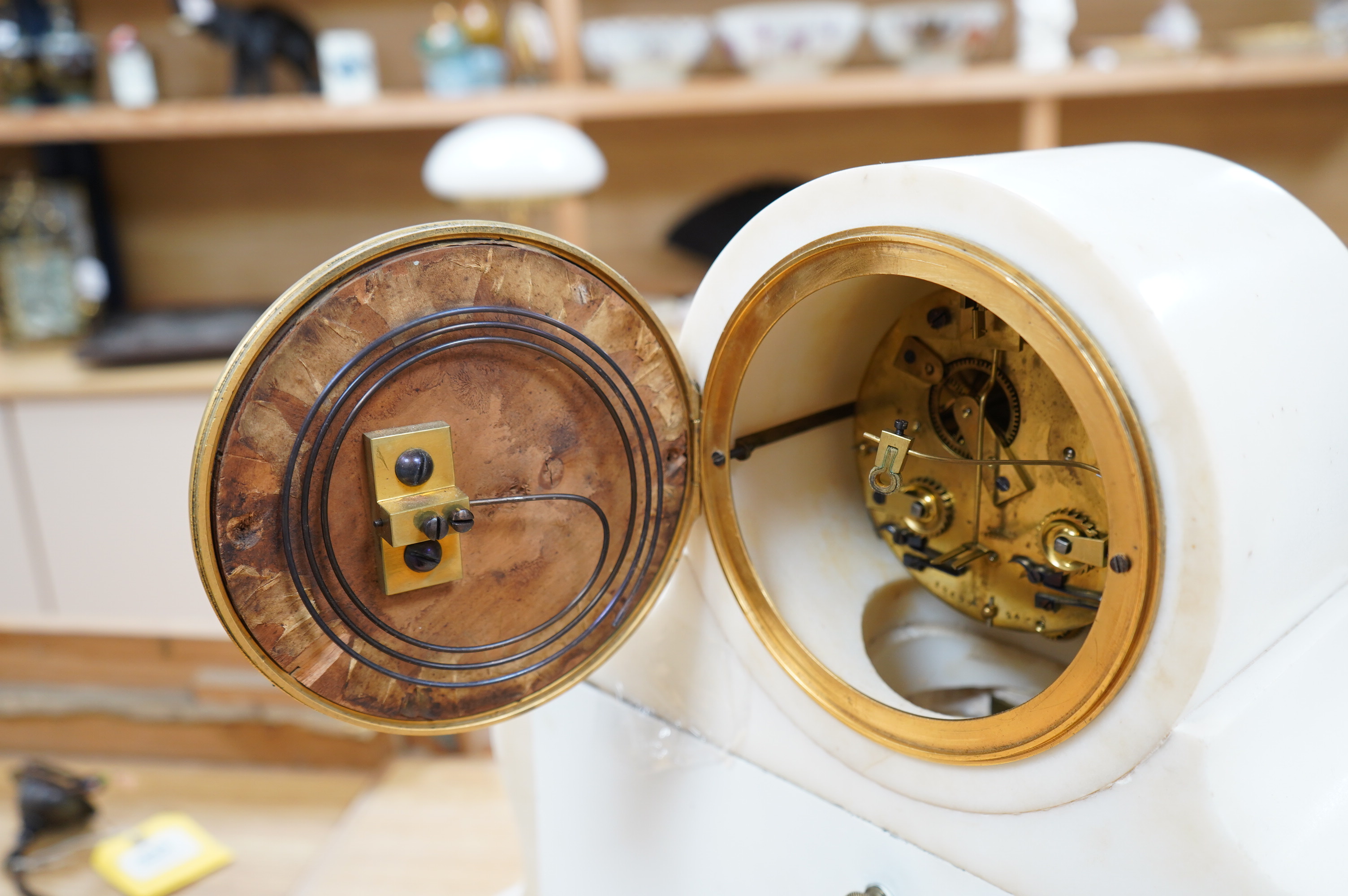 A good late 19th century white marble combination mantel clock, calendar and barometer, with sweep seconds hand, 52cm wide. Condition - fair to good